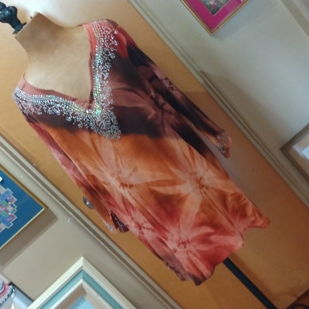 Brown tie dyed beaded Tunic Long Sleeve Plus Size 1X